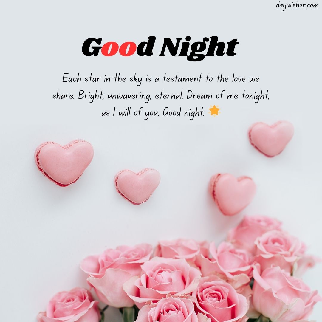 The image features a greeting card with "Good Night Messages For Him Long Distance" text. Below the text, pink heart-shaped macarons and pink roses are arranged on a light background.