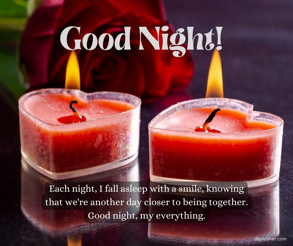 Two lit red candles with a red rose in the background, accompanied by a "Good Night" message for him long distance and an inspiring quote about togetherness and optimism.