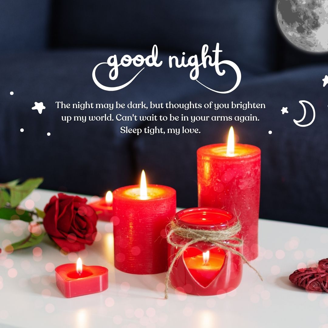 An image showing two lit red candles and a romantic message tailored for him. A rose, petals, and small decorative lights add ambiance against a blurred moonlit background. The text says "Good Night