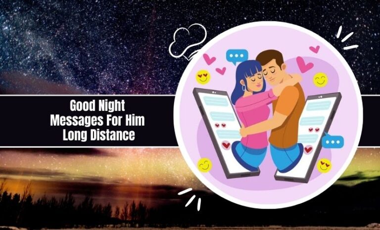 Graphic titled "Good Night Messages For Him Long Distance," featuring an illustration of a couple hugging over smartphones, surrounded by hearts, against a night sky background.