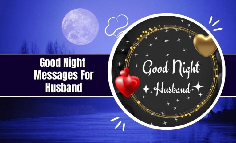 Graphic featuring "Good Night Messages For Husband" with a circular emblem, a full moon, a heart, and a nighttime background.