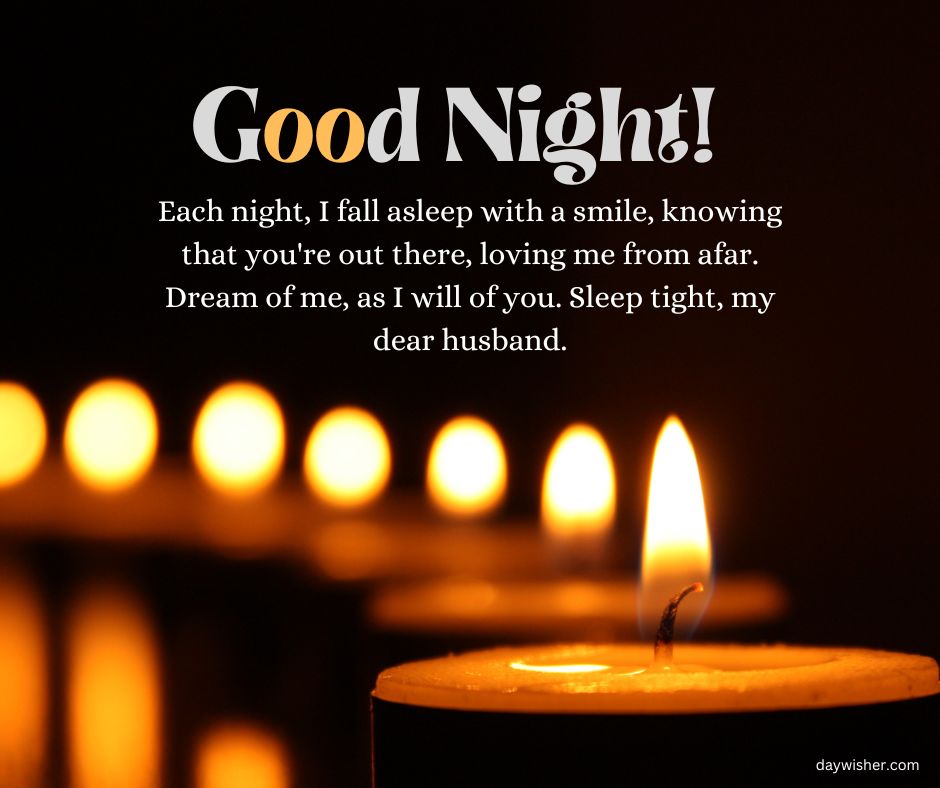 A candlelit image with the message "Good Night Messages For Him Long Distance" in bold, adorned by a heartfelt note expressing affection and longing from a distant spouse, set against a dark backdrop with a
