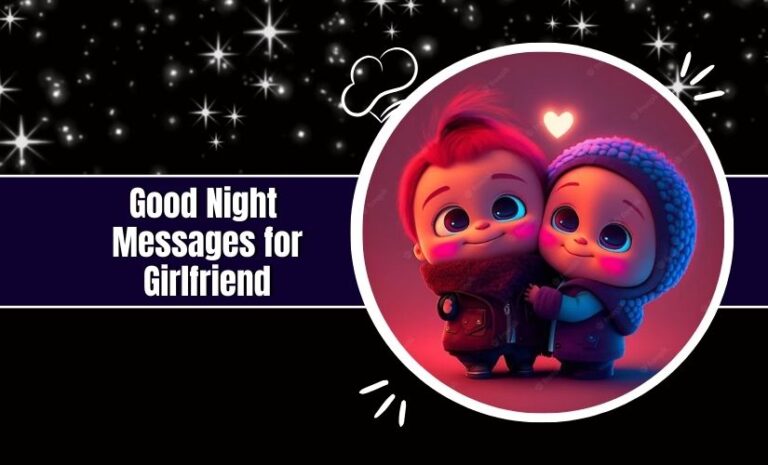Illustration of a cute animated couple embracing under a starry sky with text "Good Night Messages For Girlfriend" on a dark background with sparkling stars.