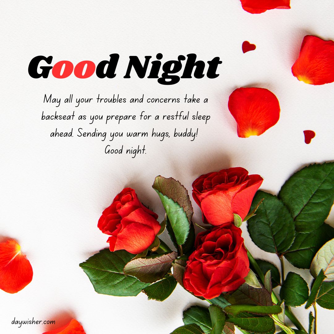 Image showing "Good Night Messages" with red roses and scattered petals on a dark background, offering warm wishes for a restful sleep.