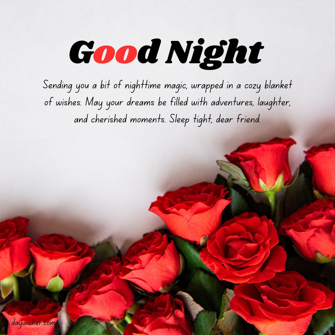 A heartfelt "good night" message with a bouquet of vibrant red roses in the foreground, wishing adventures, laughter, and cherished moments in dreams.