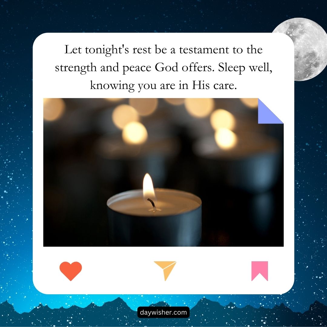 Social media graphic with a lit candle in the foreground, night sky and a full moon in the background, and text that reads: "Let tonight's rest be a good night prayer, testament to the