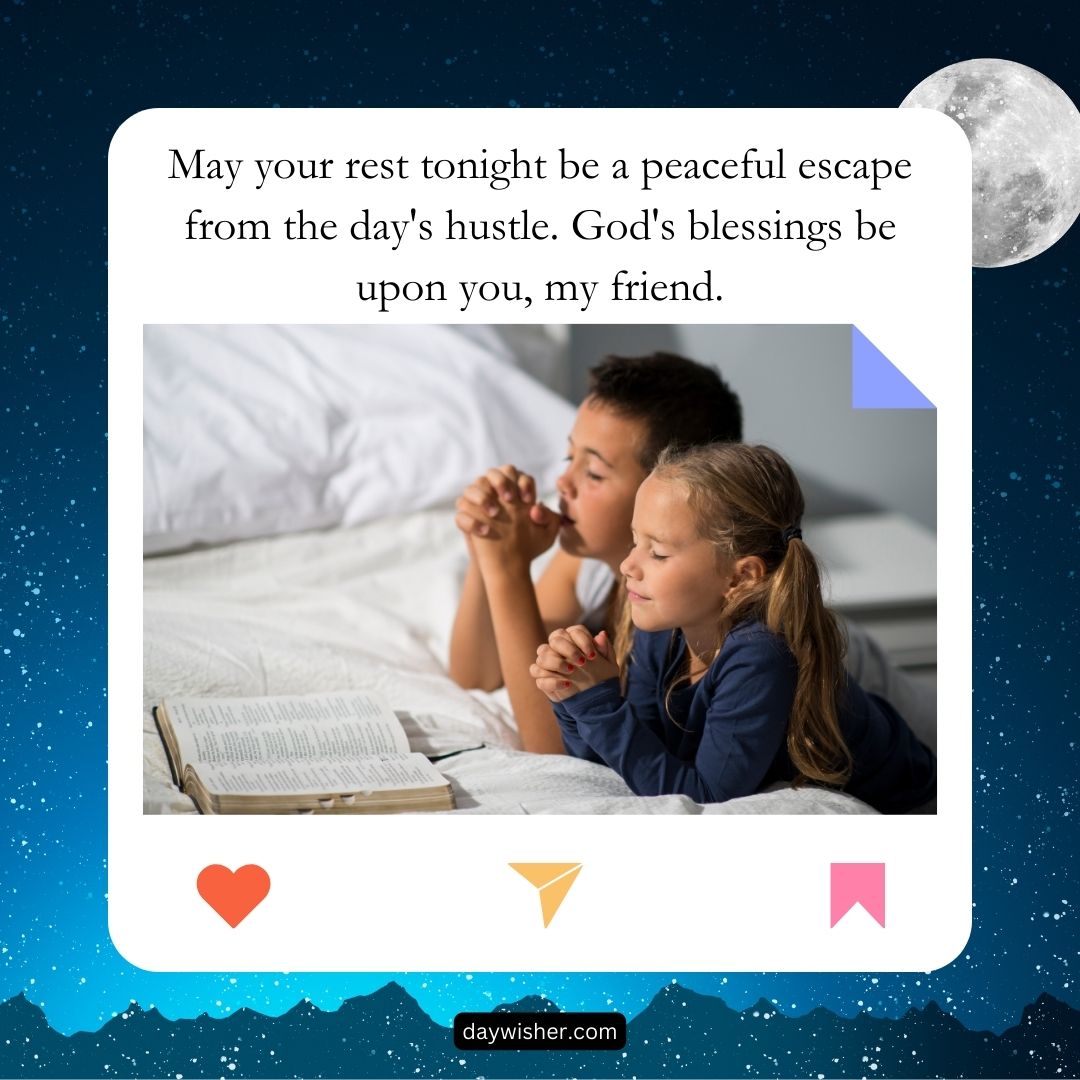 Two young children lie on a bed, reading a good night prayer together. The girl points at the book while the boy looks on attentively. A peaceful night scene with a message wishing blessings and peace