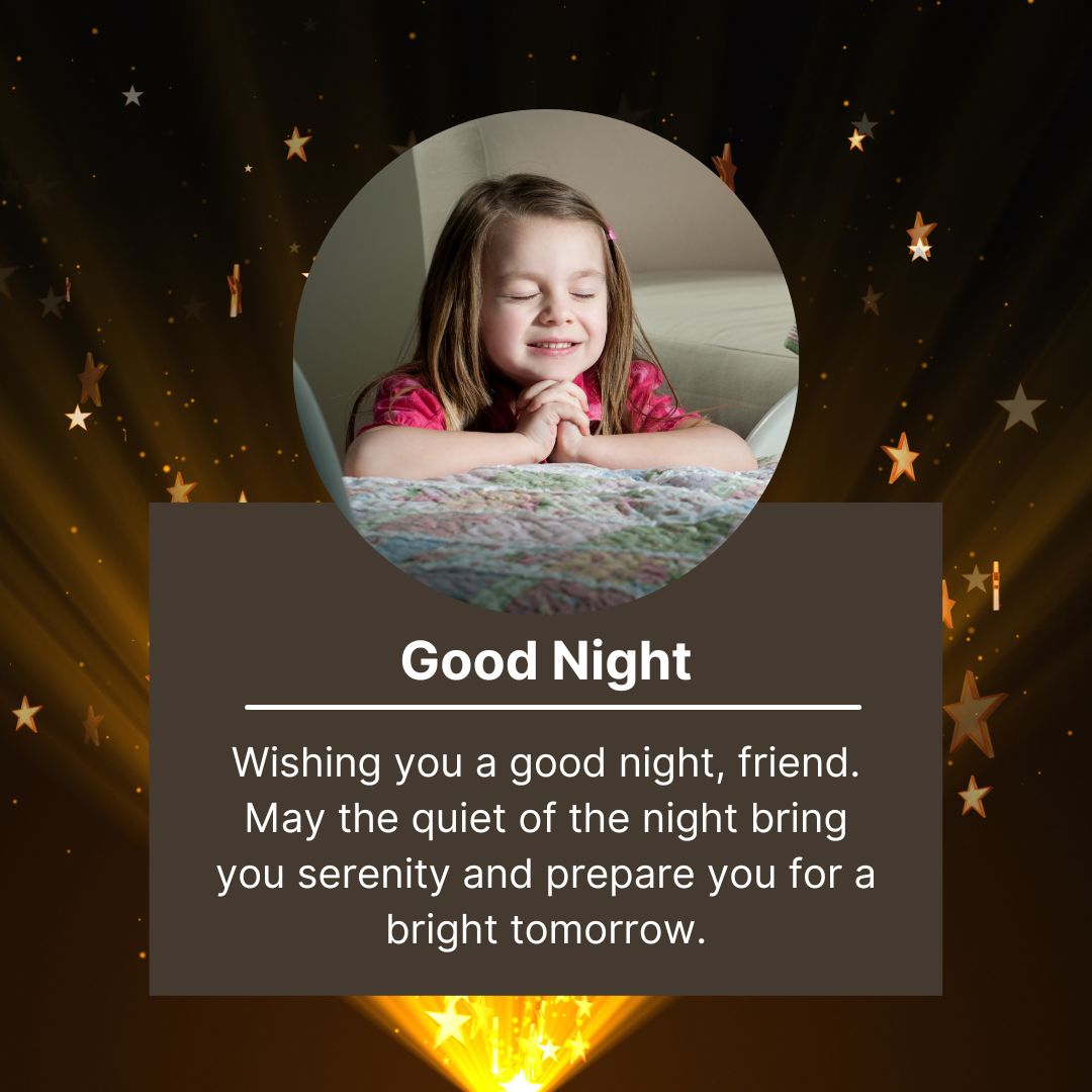 A young girl with closed eyes, smiling and resting her head on her hands, framed by a starry night-themed circle with a "good night prayer" wishing serenity and a bright tomorrow.