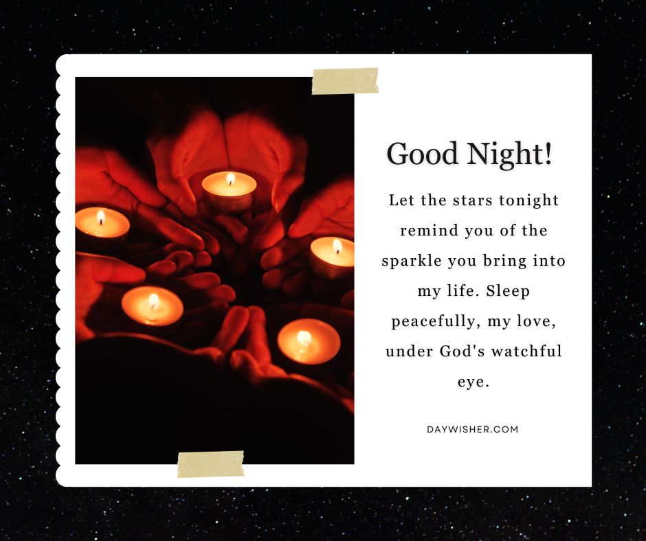 A graphic image with a dark background scattered with tiny white stars, featuring a central image of multiple lit candles in red holders. Text on the image reads a good night prayer and a website URL, d