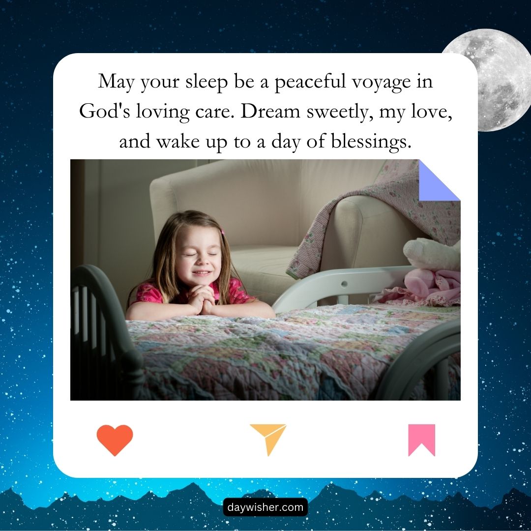 A young girl peacefully praying by her bed with a galaxy-themed wallpaper and a glowing moon, overlaid with a comforting good night prayer quote.