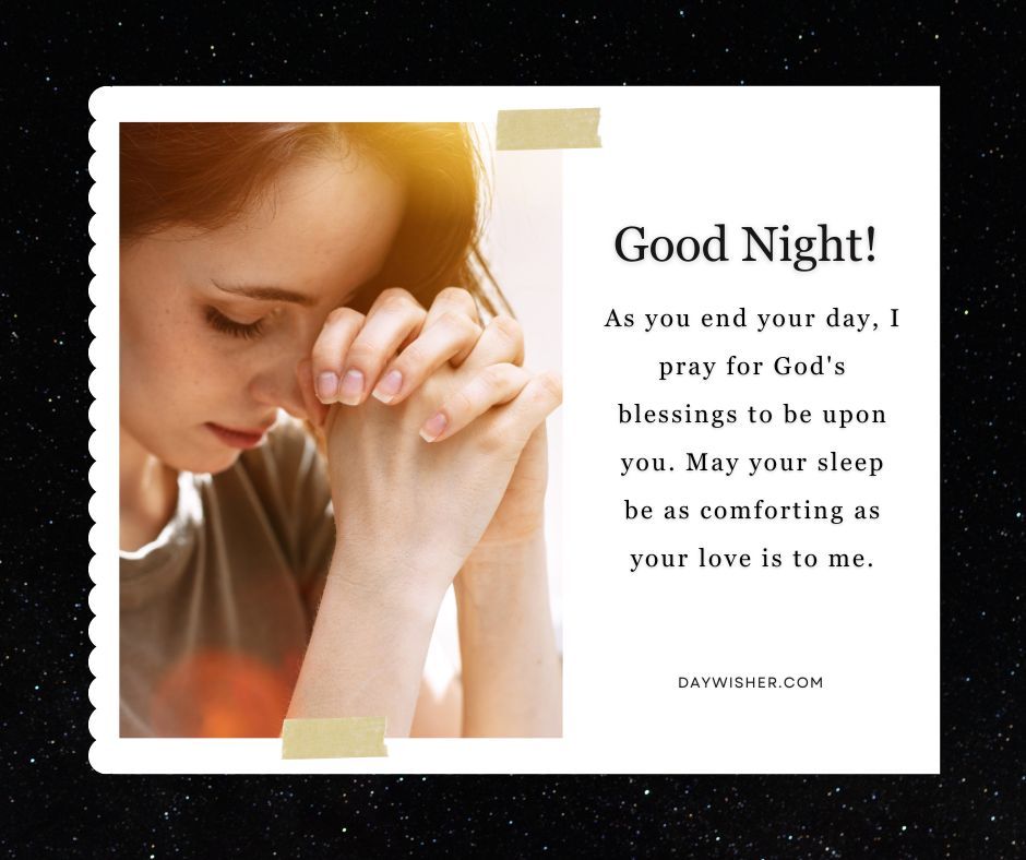 Postcard-style image featuring a young woman with closed eyes, hands clasped in a good night prayer, with a nighttime-themed background. Includes text wishing blessings and restful sleep.
