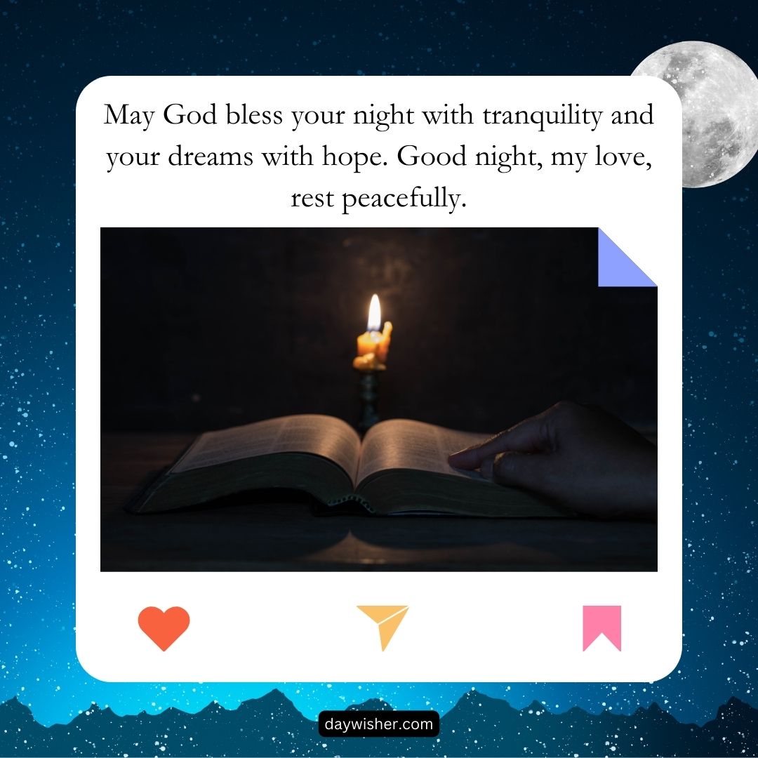 An open book lit by a candle with a full moon visible in the background, accompanied by a good night prayer message.