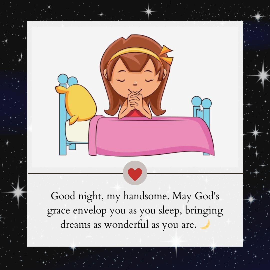 Illustration of a woman engaged in a good night prayer by a bed, with a message wishing wonderful dreams, surrounded by sparkling stars.