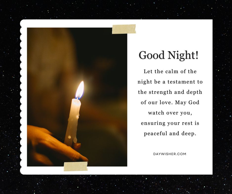 Postcard-style image featuring a lit candle held by a hand against a dark background, with a text overlay that says 'good night prayer! let the calm of the night be a testament to our strength