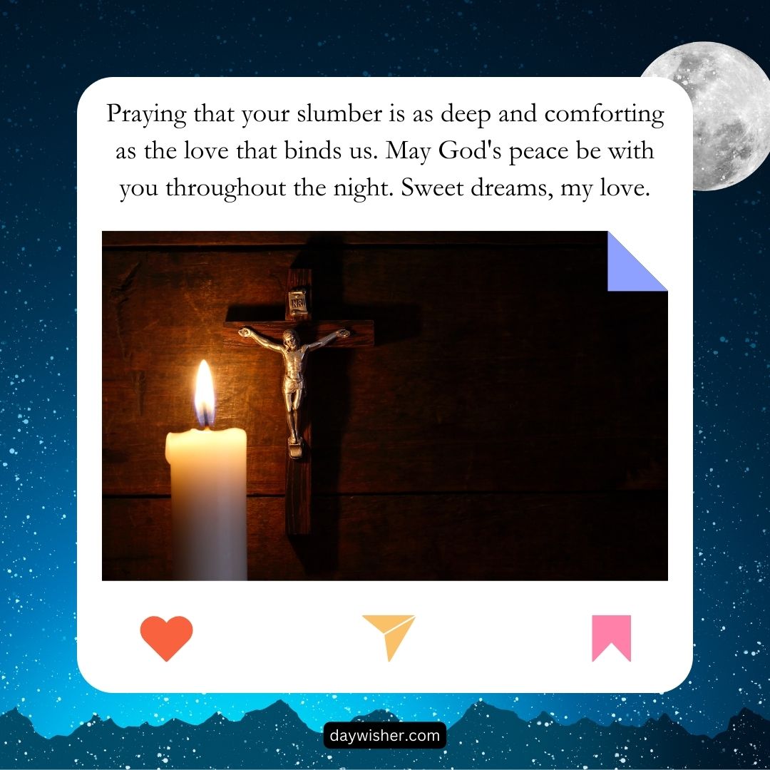An image featuring a lit candle, a wooden crucifix with Jesus, and a full moon on the top right. The text offers a good night prayer for peaceful sleep with a reference to God's peace