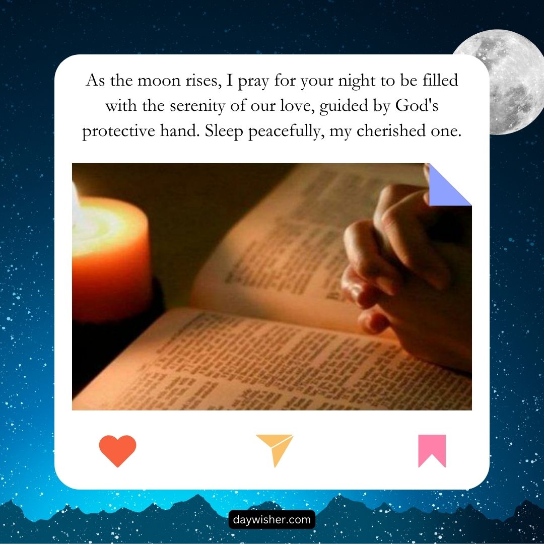An image featuring a lit candle next to an open book, with light illuminating the text. A good night prayer about peaceful sleep and love overlays the image in white text.