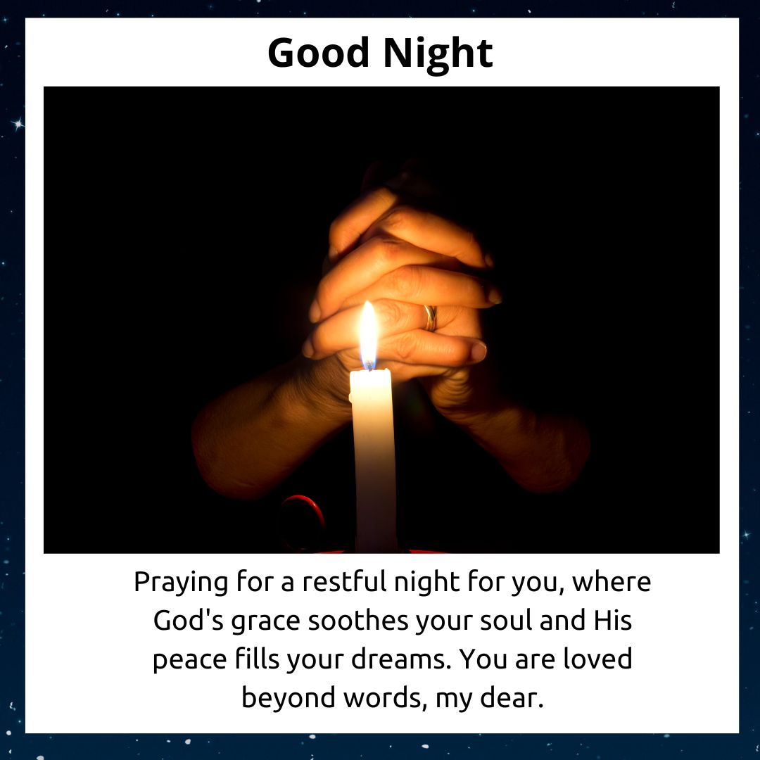 A pair of hands holding a lit candle in the dark with text above saying "good night prayer" and a message below praying for a restful night filled with peace and love.