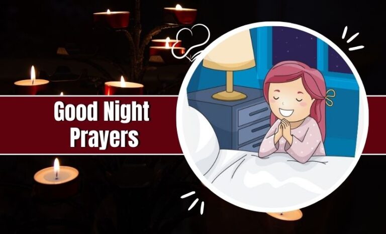 A graphic titled "good night prayer" featuring a cartoon of a young girl with pink hair praying in bed, with candles lit in the background. An inset circle portrays a cozy nighttime scene.