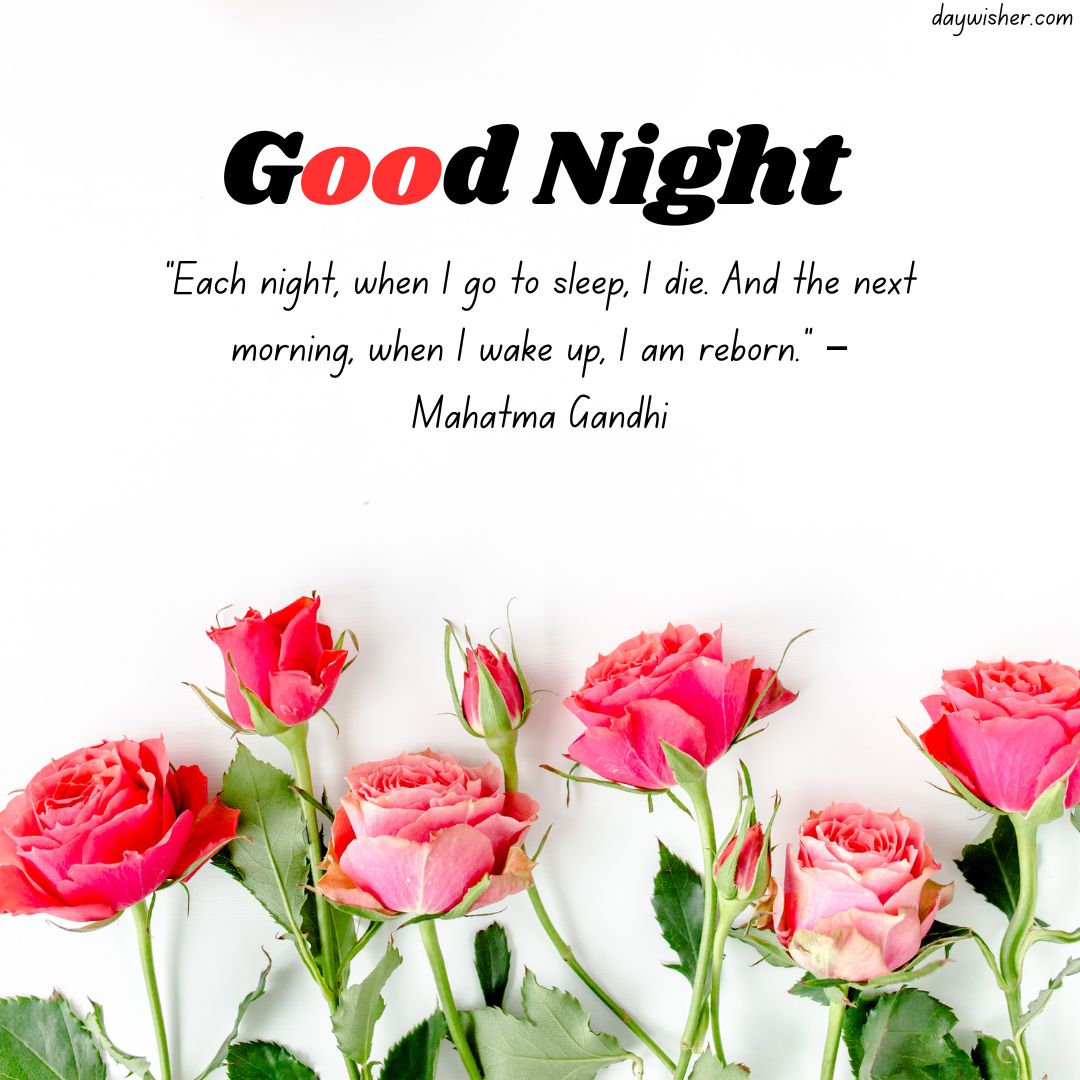 Text "Good Night Messages" at the top with a Mahatma Gandhi quote below, surrounded by pink roses on a white background.