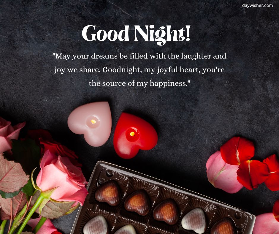 A "good night" greeting card with the text among rose petals, heart-shaped candles, and a box of chocolates on a dark textured background, perfect for sending good night messages to your husband.