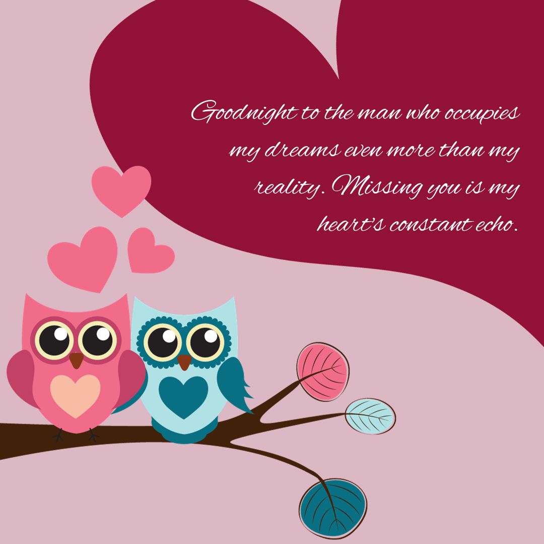 Two cartoon owls, one pink and one blue, sit on a branch with hearts above them, against a pink background with a large heart and a sentimental "Good Night" message for a husband.