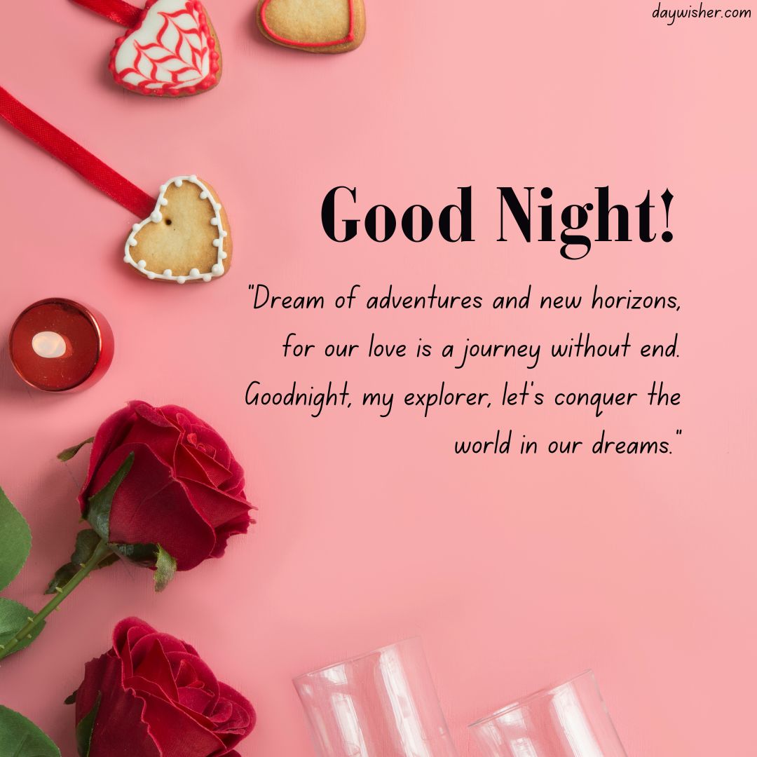 A romantic "good night!" message for your husband on a pink background surrounded by a red rose, heart-shaped cookies, a lit candle, and wine glasses, evoking a warm, loving atmosphere.