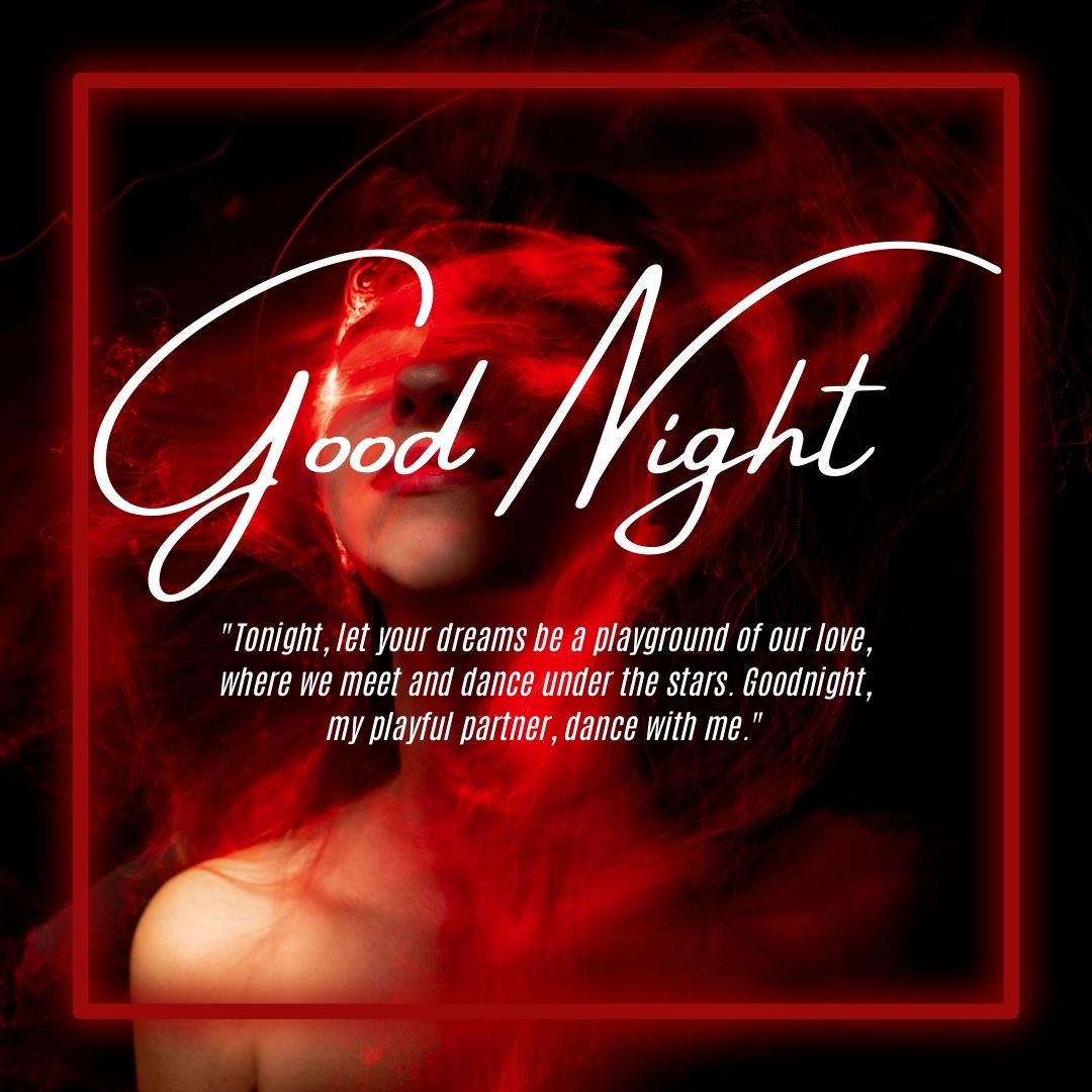 Red-themed graphic with a blurred figure and flowing elements, overlaid with the text "Good Night Messages For Husband" and a romantic quote about dancing under the stars.