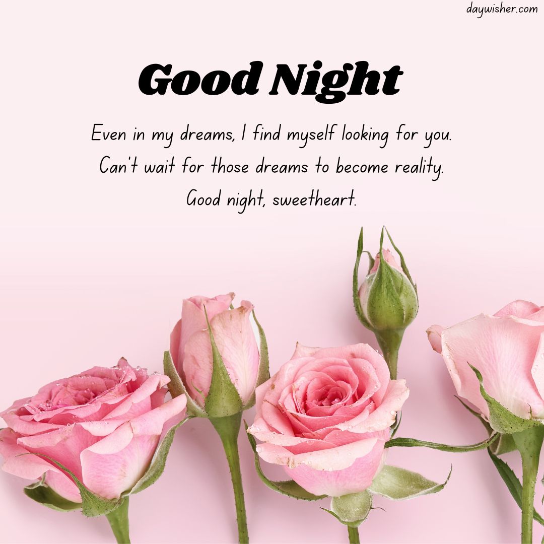 Image of a heartfelt goodnight message for him, with text, "Good night. Even in my dreams, I find myself looking for you. Can't wait for those dreams to become reality. Good