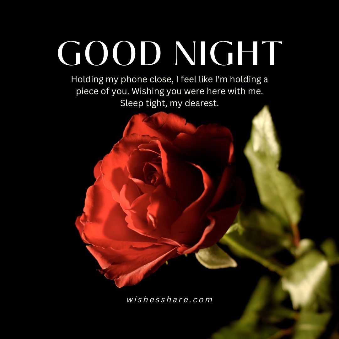 A vibrant red rose set against a dark background with the words "Good Night Messages For Him Long Distance" in white text above and a sentimental message below.