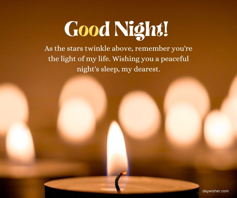 A lit candle in the foreground with the text "Good Night Messages" above, and a heartfelt message wishing someone a peaceful sleep, set against a softly blurred background with twinkling stars.