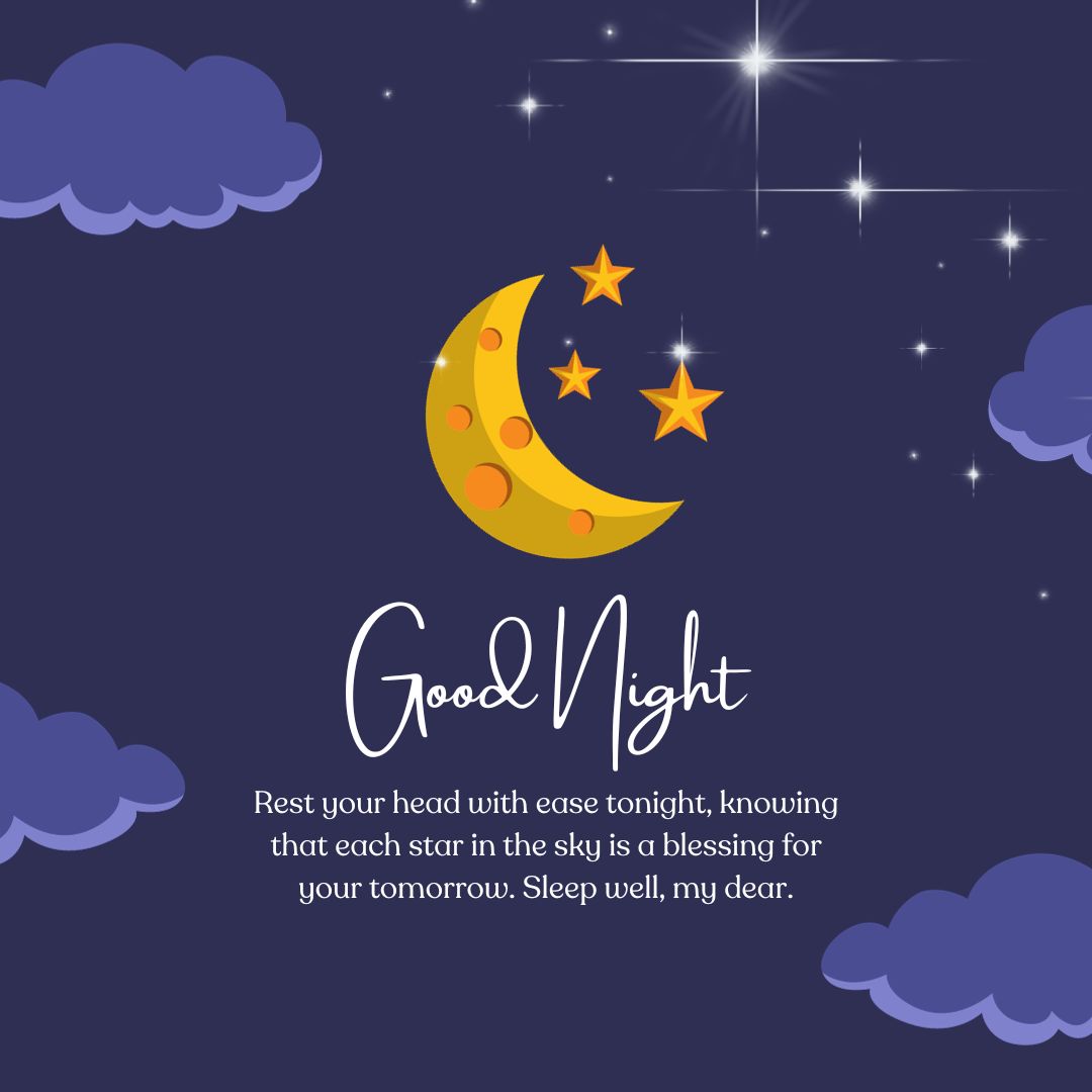 A digital illustration depicting a night scene with a stylized crescent moon adorned with stars and the text "Good Night Messages." The background features a dark sky with more stars and an inspirational message.