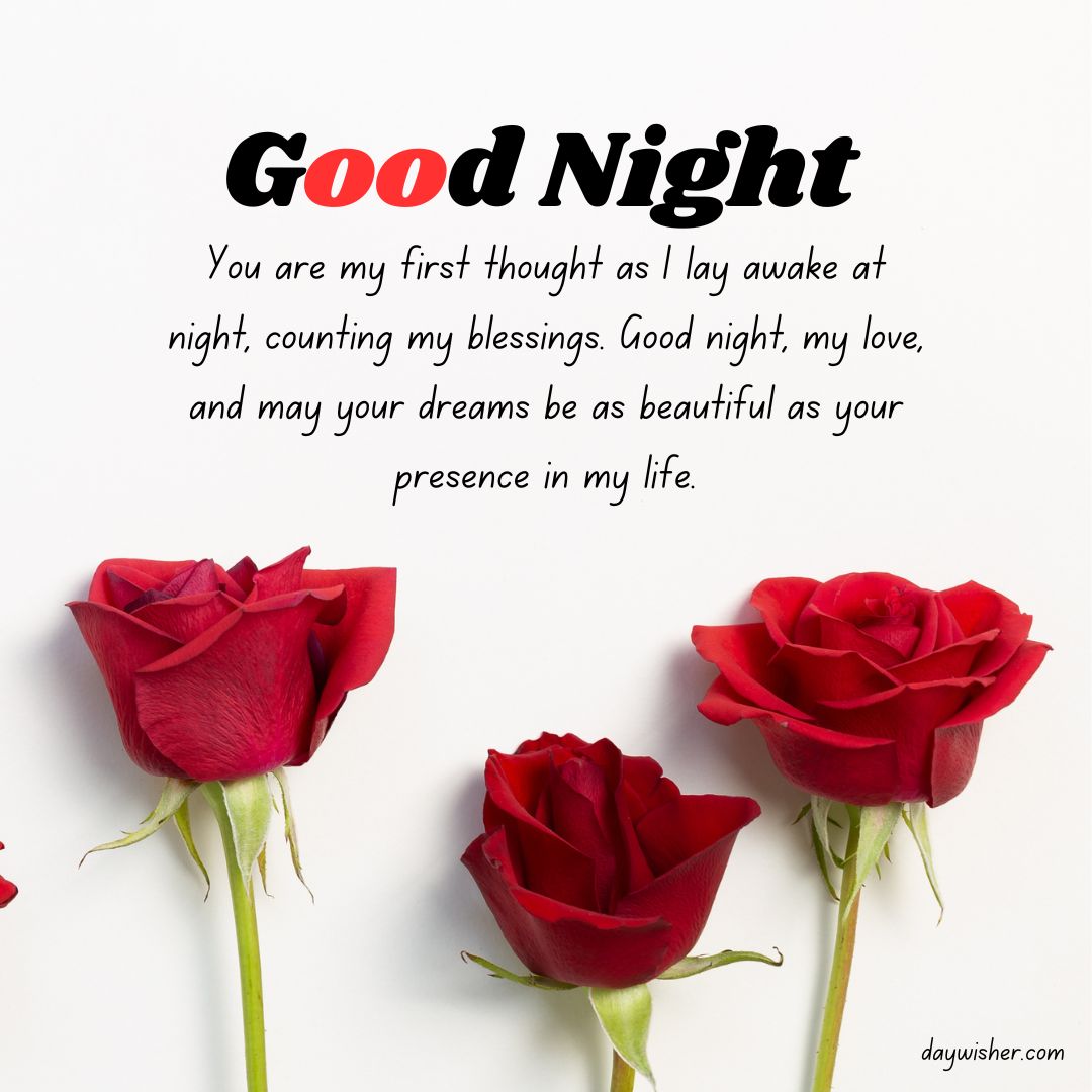 Two vibrant red roses against a white background with "Good Night Messages" and a heartfelt message about blessings and dreams.
