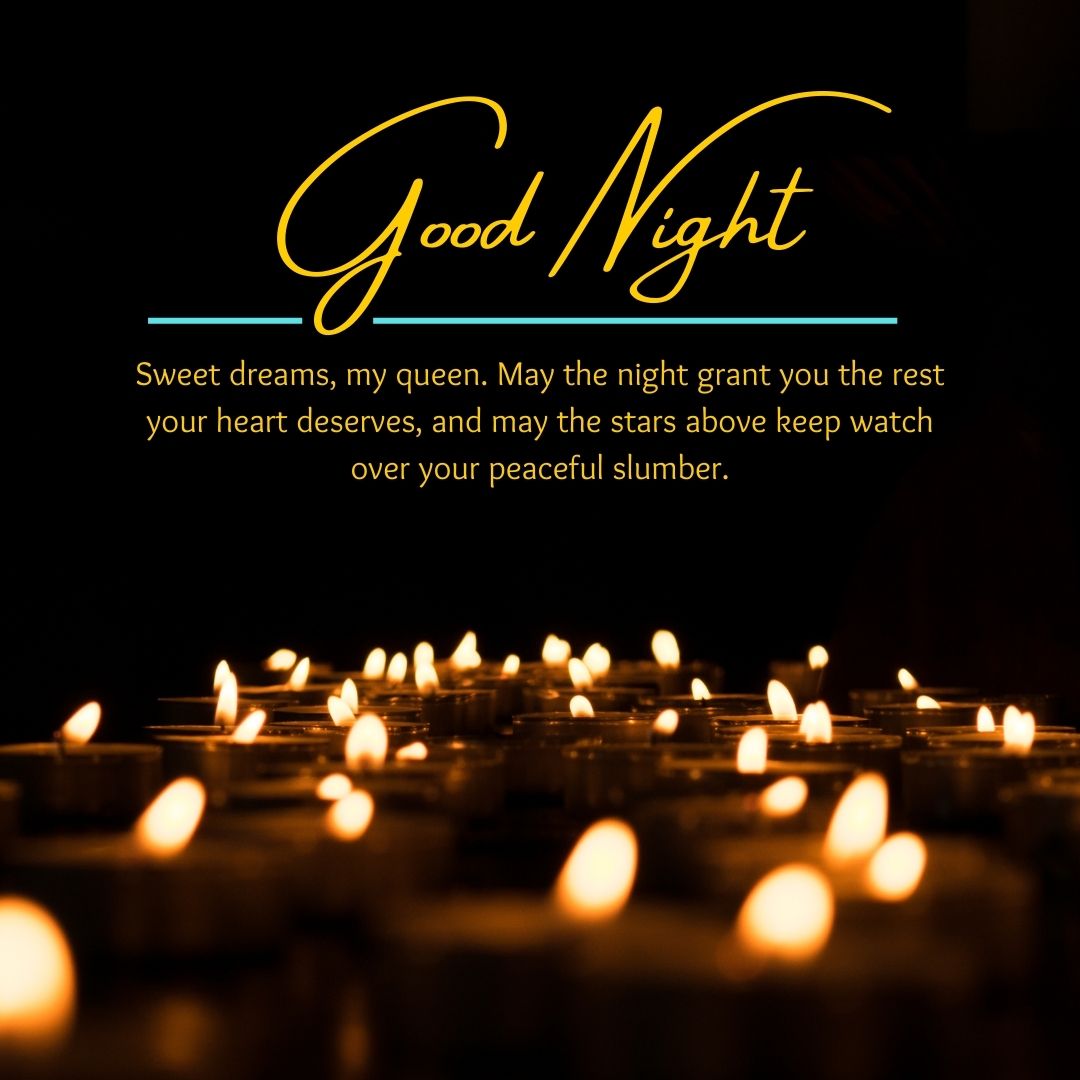 The image features numerous lit candles with a warm glow, set against a dark background. Overlaid text says "Good Night Messages" in elegant script, followed by a poetic well-wishing phrase.