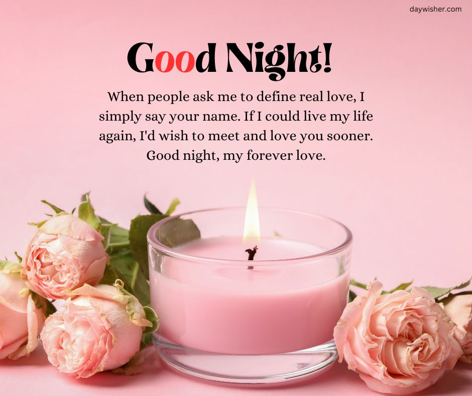 A soft pink "good night messages" greeting card with a message, featuring a lit candle and pink roses against a matching pink background.