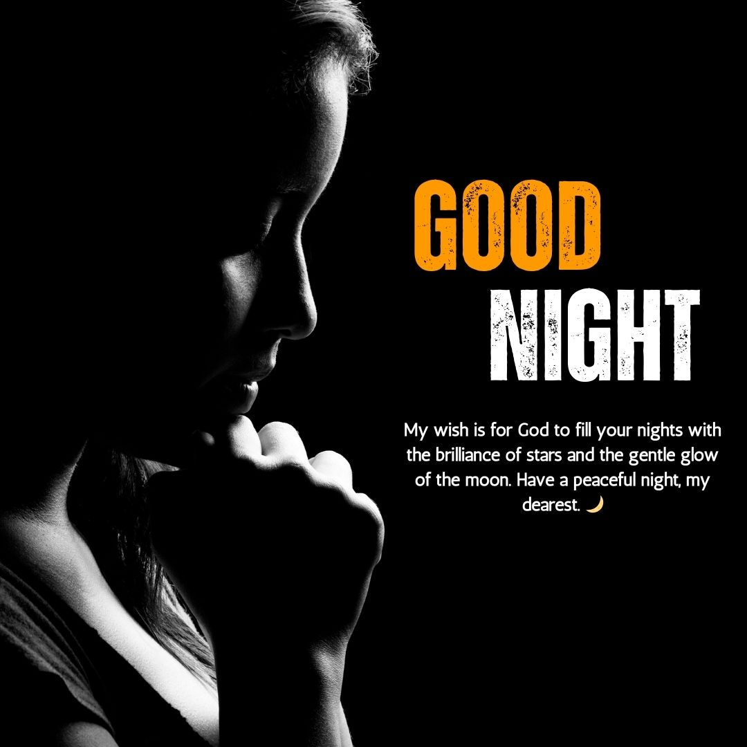 A silhouette of a woman in contemplative pose on a black background with the phrase "good night" in bold yellow text, accompanied by heartfelt Good Night Messages.