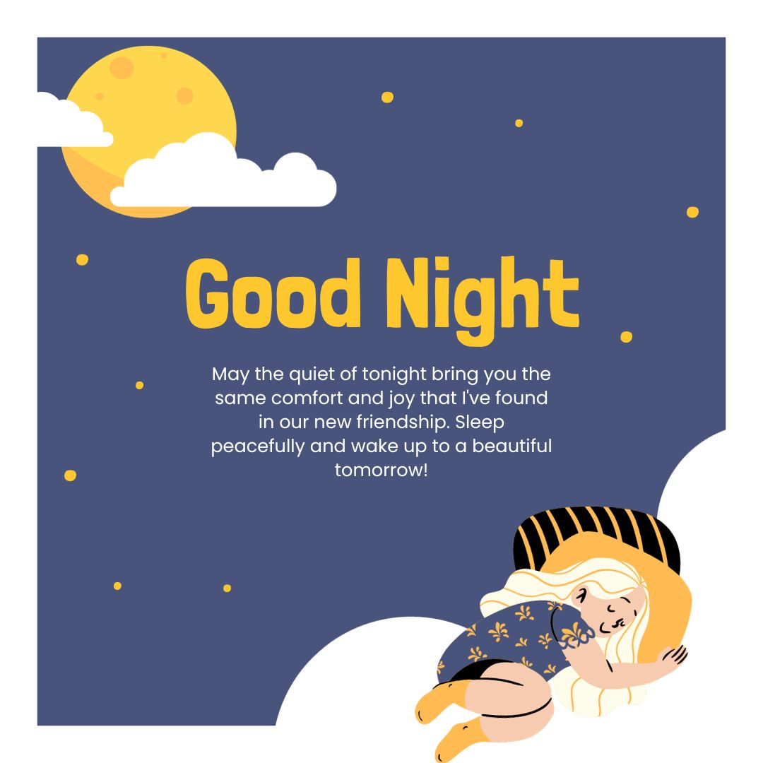 Illustration of a sleeping child with tiger stripes on their pajamas, curled up under a moon and stars. The text wishes a good night to friends, expressing hopes for comfort, joy, and a