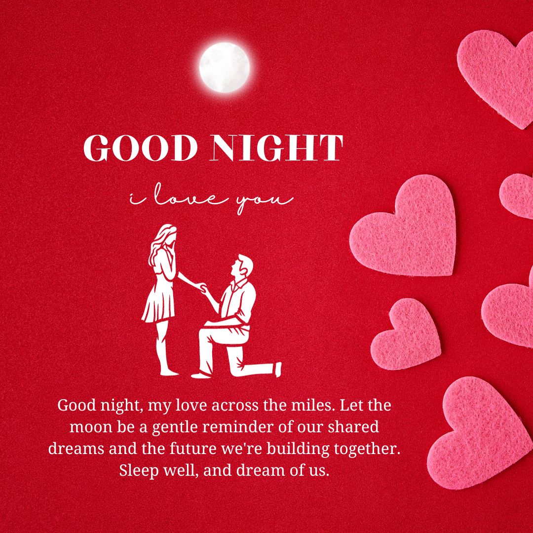 A romantic "Goodnight Paragraphs For Her" card featuring a silhouette of a couple holding hands under a stylized moon, surrounded by pink and white hearts on a red background, with a loving message
