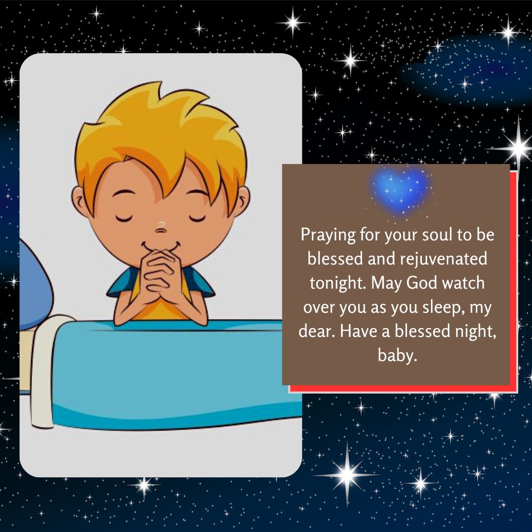 Illustration of a young boy with blonde hair offering a good night prayer beside his bed under a starry sky, with text wishing blessings and restful sleep.