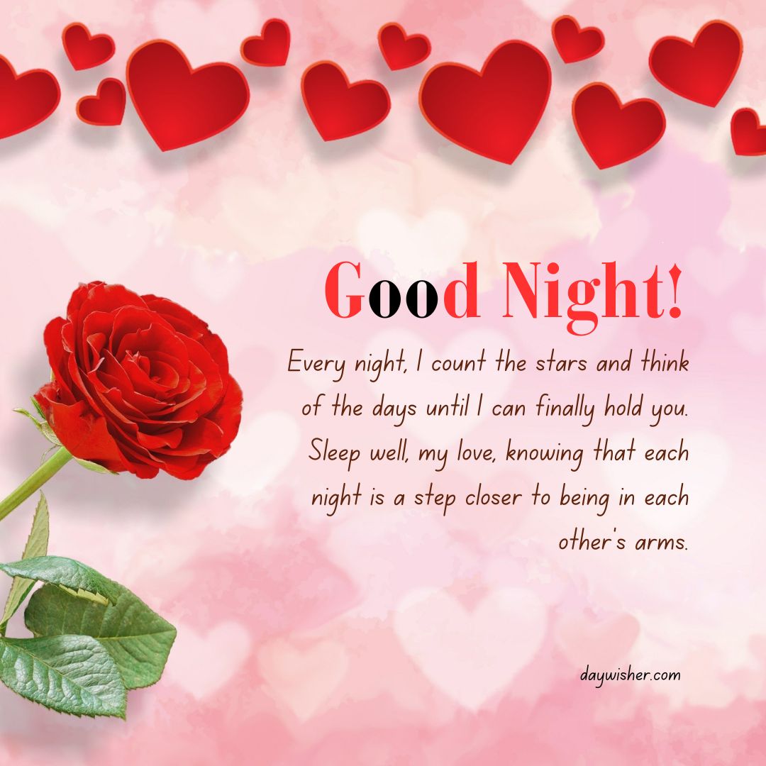 A romantic "Goodnight Paragraphs For Her" greeting card with a large, vivid red rose on the left, and multiple red hearts on a pink background. The text shares a heartfelt nightly sentiment of