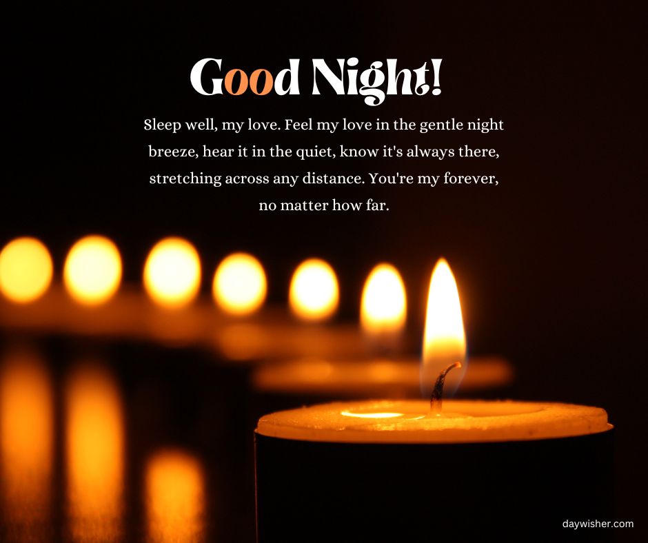 A lit candle with a flame glowing brightly in a dark setting, accompanied by the words "Goodnight Paragraphs For Her" and a loving message displayed on top.