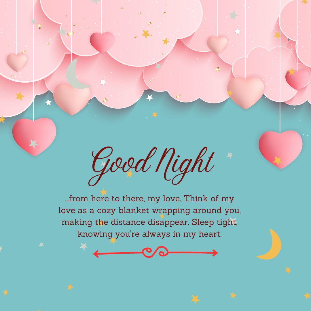 Illustration featuring pink clouds and hanging stars and hearts, with a "goodnight" message surrounded by heartfelt paragraphs for her, all against a light pink background.