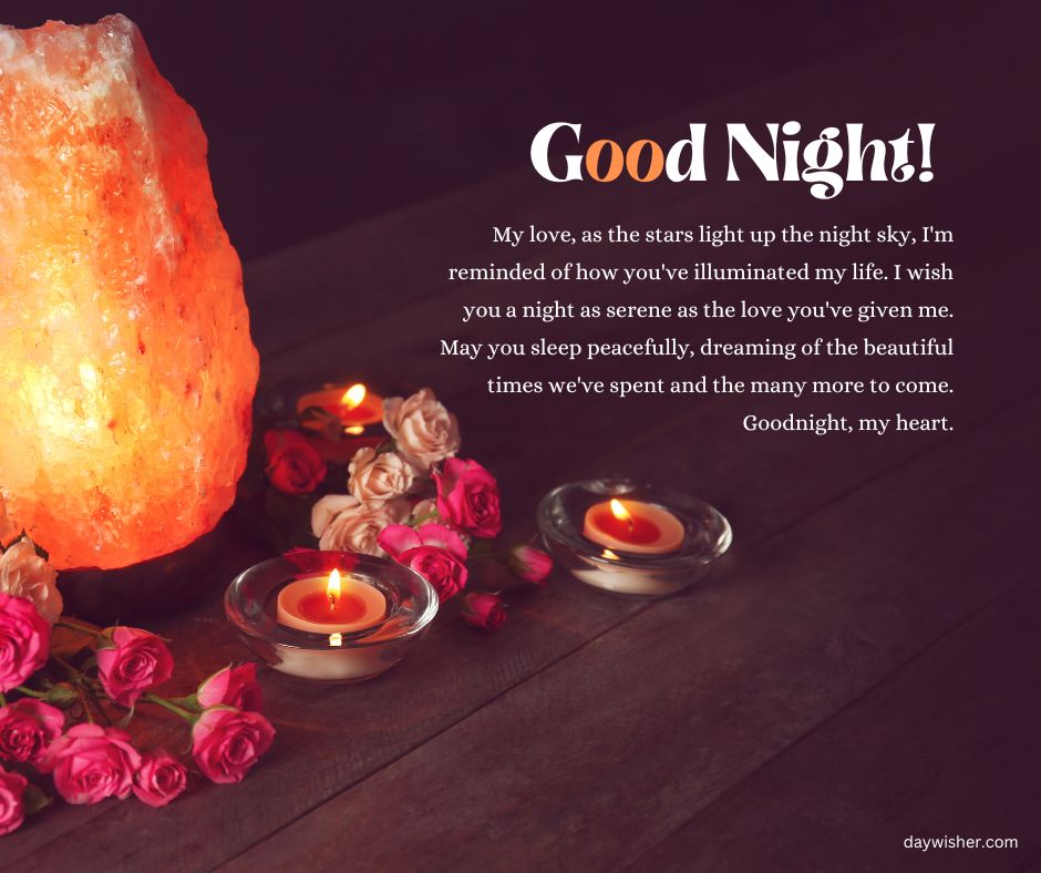 A warm, cozy image featuring a glowing salt lamp, three lit tealight candles, and scattered pink rose petals on a wooden surface, with a "Goodnight Paragraphs for Him" message.
