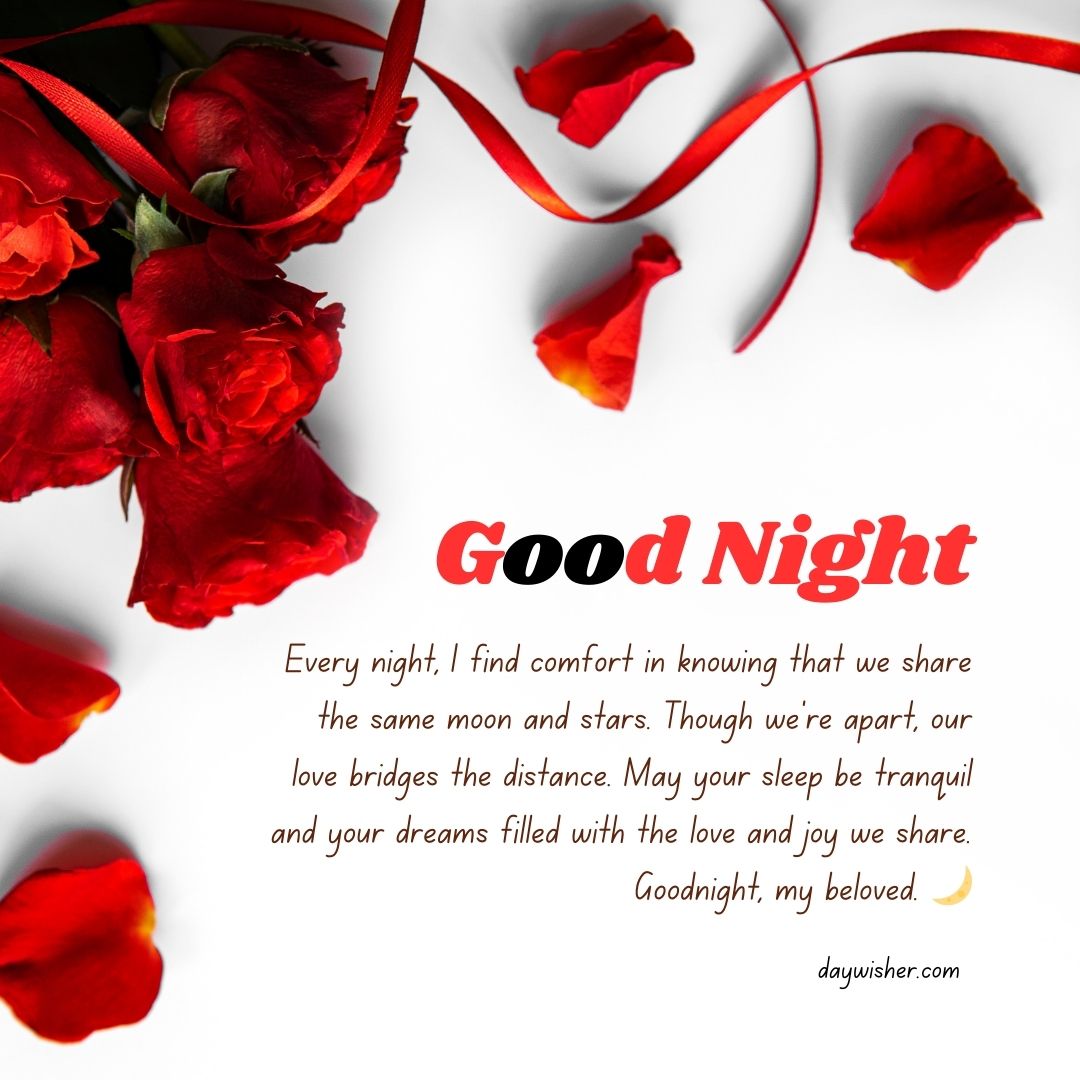 An image featuring bright red flowers scattered around a "goodnight paragraphs for him" message with a heartfelt quote about sharing the same moon and stars, expressing love and dreams shared despite distance.