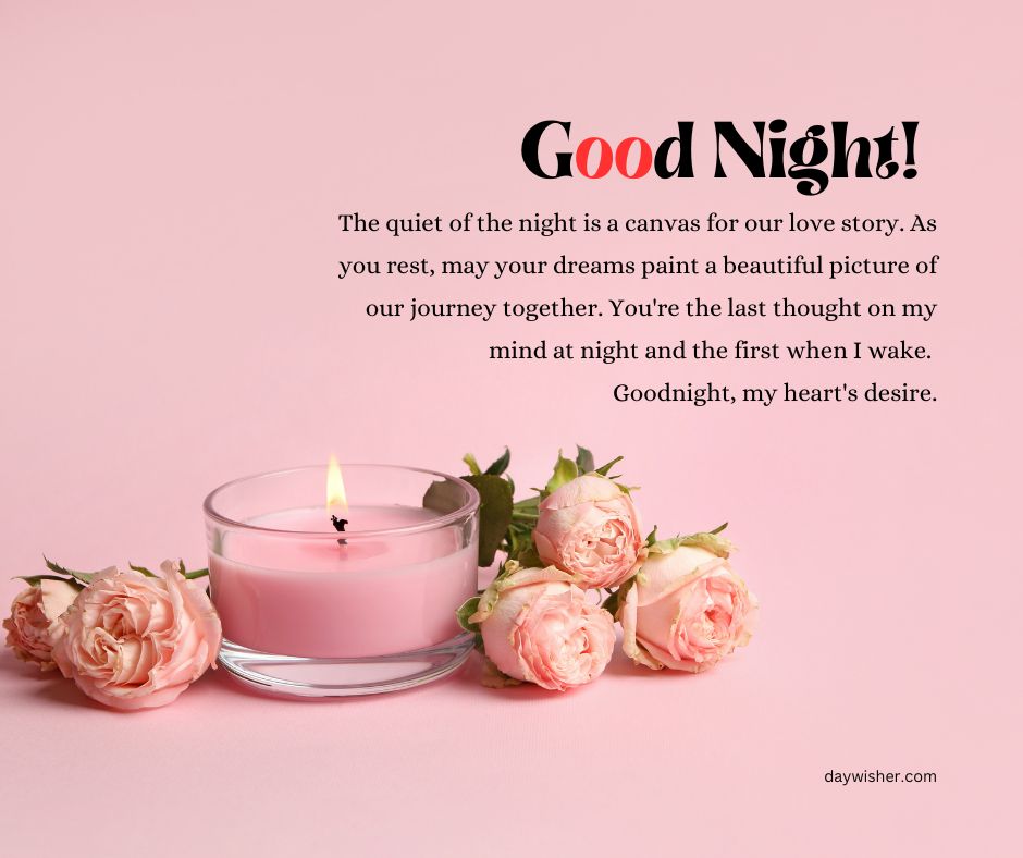 A graphic featuring a message "Goodnight Paragraphs for Him" above peach roses and a lit candle in a pink holder against a pink background. Text below describes the night as a canvas for a love