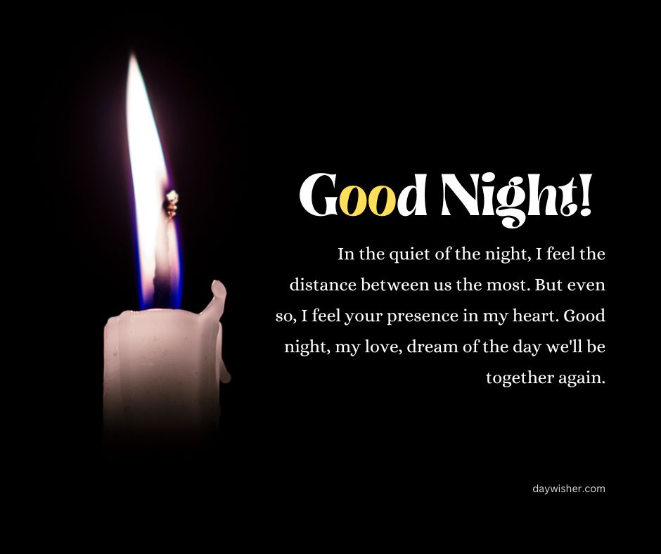 A single lit candle with a bright flame on the left, beside a text on a dark background that says "goodnight paragraphs for him" followed by a heartfelt message about feeling a loved one's presence