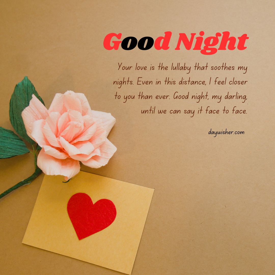 A "goodnight paragraphs for him" greeting card with a romantic message, featuring a pink paper rose and a sticky note with a red heart, all set against a pastel orange background.