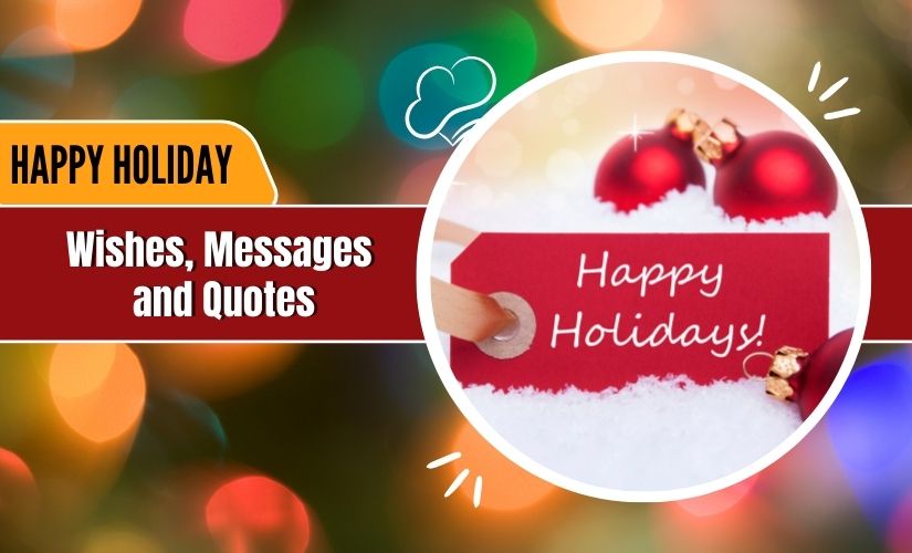 A festive holiday graphic featuring a "Happy Holiday Wishes" greeting card nestled in snow, flanked by red ornaments, with colorful bokeh lights in the background and a "happy holiday wishes, messages
