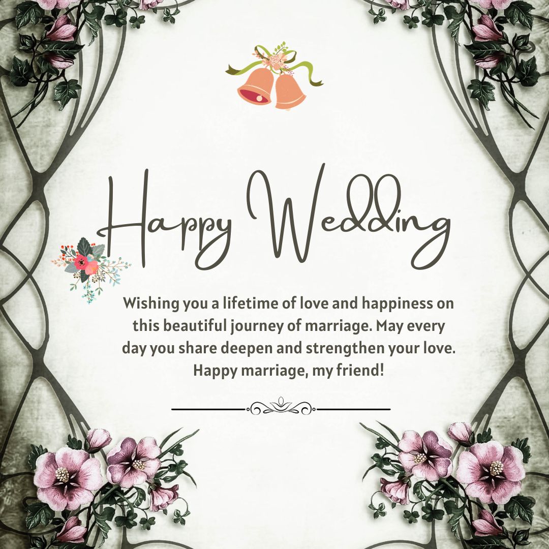 A floral-themed wedding greeting card with the text "Wedding Wishes for Friend" in elegant script, surrounded by pink flowers and greenery, with wedding bells illustrated at the top.