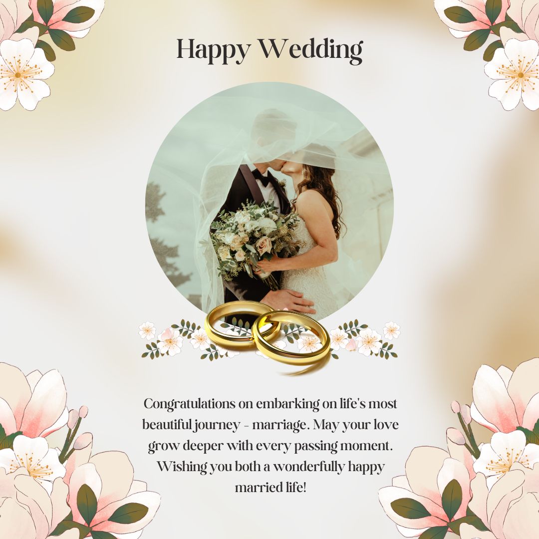 Wedding card featuring a bride holding a bouquet with the groom partially visible in the background, golden wedding rings in the foreground, surrounded by floral designs with a "Wedding Wishes for Friend" message