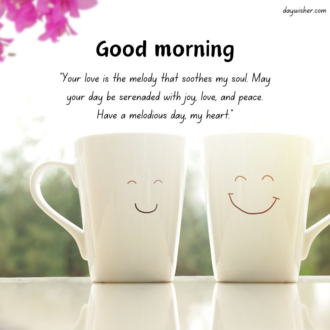 Two smiling coffee mugs on a windowsill with a serene outdoor backdrop and a text that says "good morning" along with a warm, affectionate "Have a Great Day" message.
